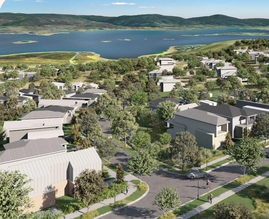 Aerial concept render of the proposed village beside Lake Jindabyne