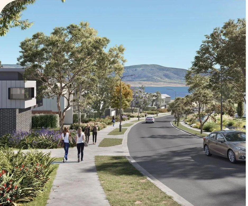 Landscaped village streetscape looking toward the lake