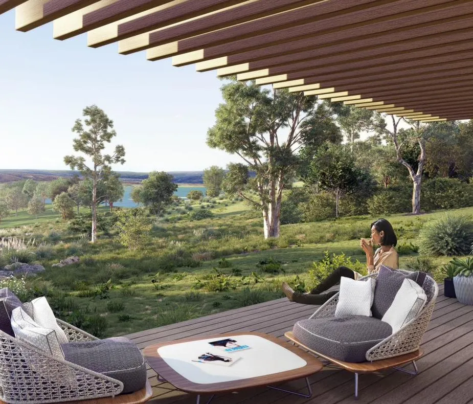 A covered terrace looking over the landscape to Lake Jindabyne